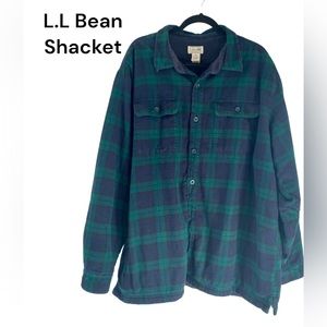 L L BEAN Vintage Sherpa Fleece Lined Blue Plaid Flannel shirt jacket XXL Shacket